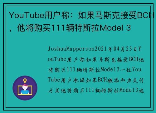 YouTube用户称：如果马斯克接受BCH，他将购买111辆特斯拉Model 3 